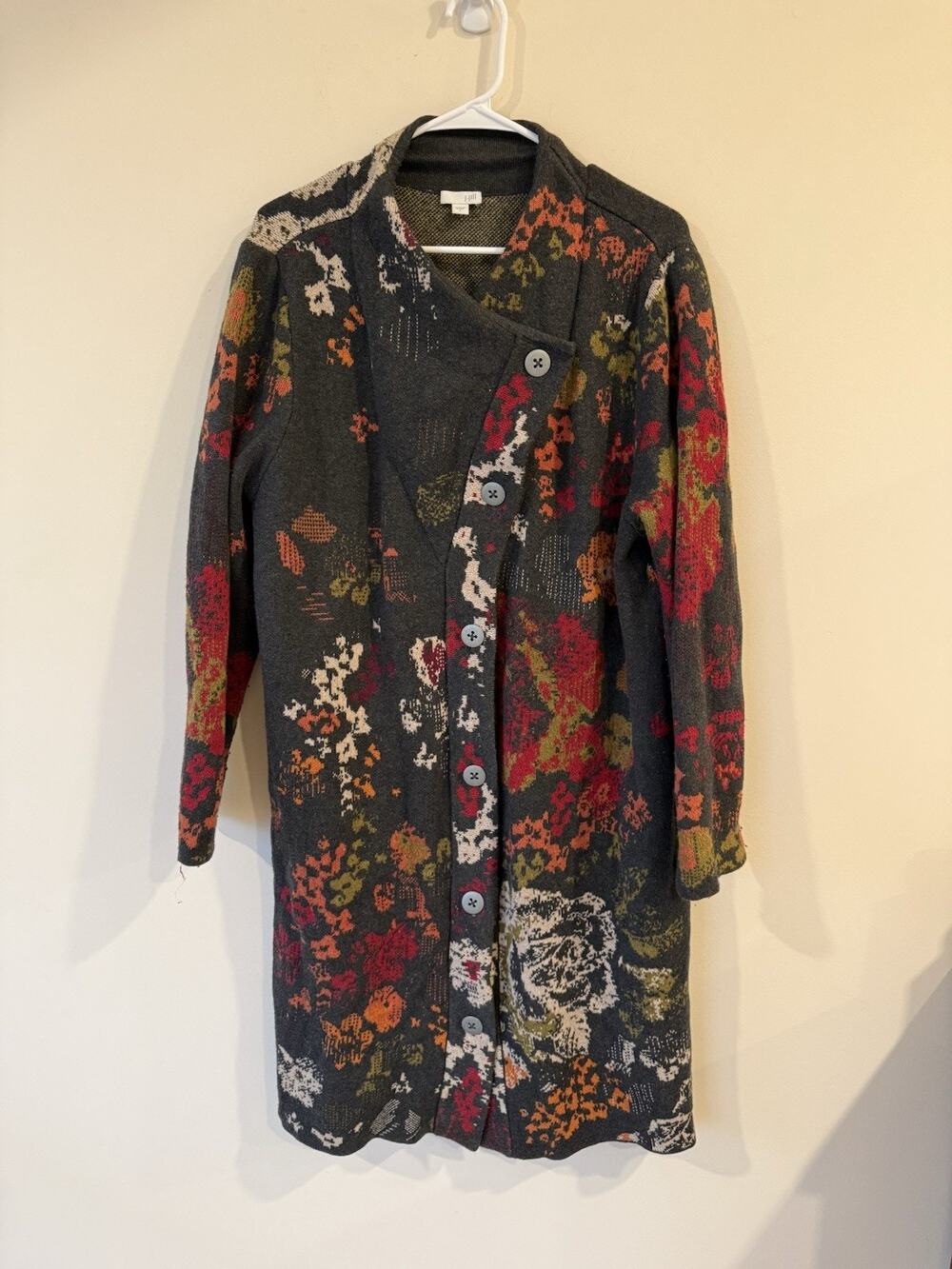 J. Jill Madison Floral Blooms Grey Wool Duster Heavyweight Cardigan L classic